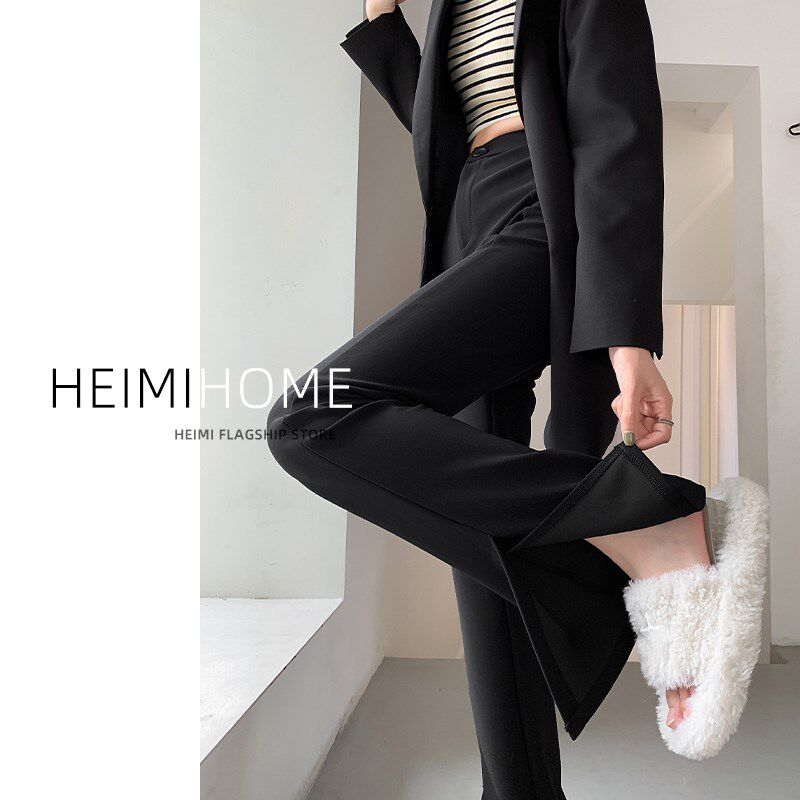 黑色微喇叭裤女春秋高腰直筒垂感西装裤小个子显瘦修身开叉裤子潮