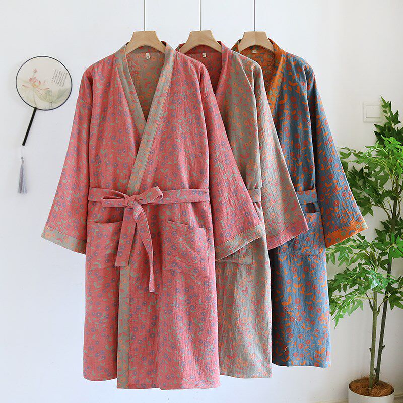 日系和服睡袍女春秋纯棉双层纱布提花浴衣全棉薄款家居服宽松汗蒸