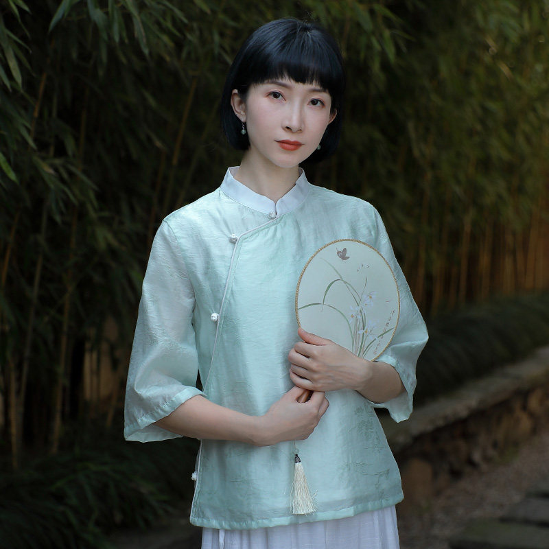 新中式轻国风上衣茶艺师服装高级套装现代旗袍上衣禅意茶服仙气女