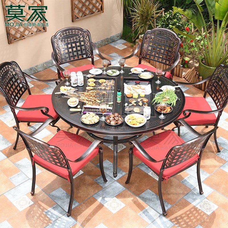 莫家户外烧烤桌椅家用烧烤炉铁B艺露天餐桌铸铝室外休闲庭院桌椅