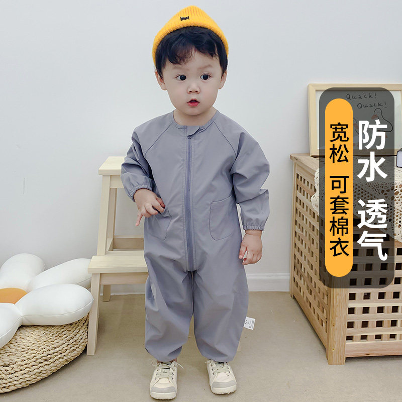 宝宝连体罩衣拉链l全身防水透气婴儿爬爬服防脏爬行儿童罩裤男外