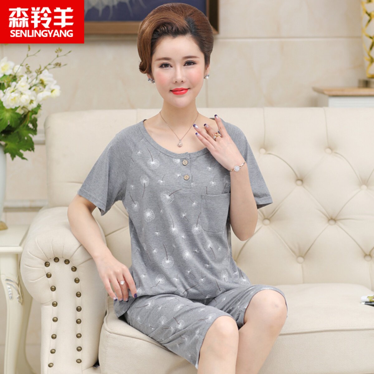 中年妈妈睡衣女夏季纯棉短袖夏天中老年人薄款宽松加大码老人套装