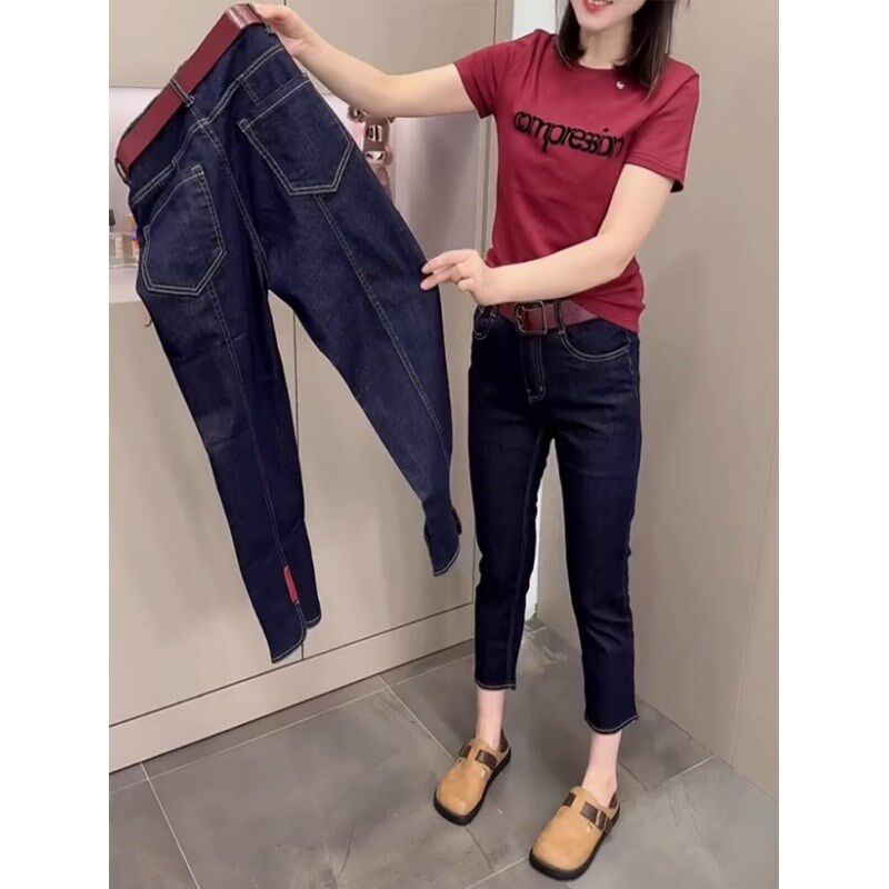 2024新款冬季胖mm弹力小脚牛仔裤女显瘦八分烟管裤直筒铅笔裤