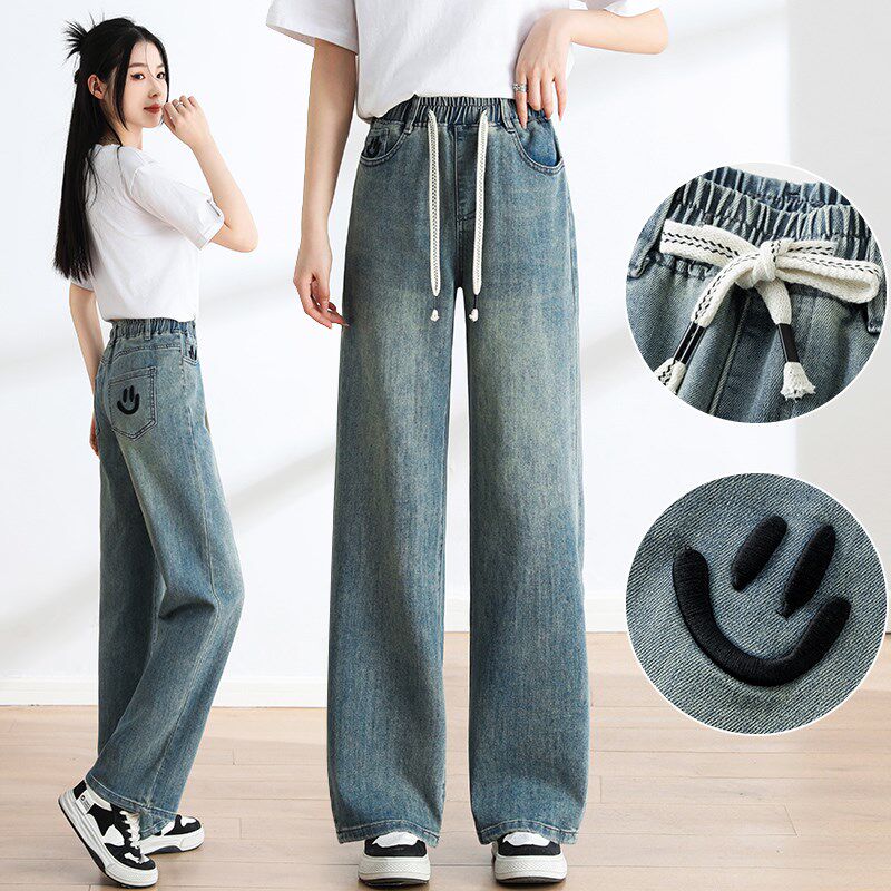 春季阔腿牛仔裤女初中高中学生松紧腰直筒裤高腰宽松显瘦长裤子