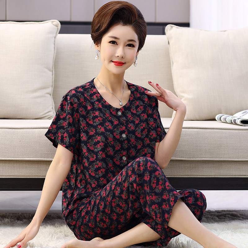 开衫妈妈棉绸睡衣女夏季纯棉绵绸短袖老人居家服中老年家居服套装