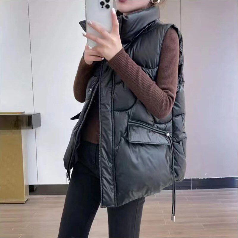 2024韩版免洗亮面羽绒棉马甲女短款宽松立领马夹冬季外穿坎肩背心