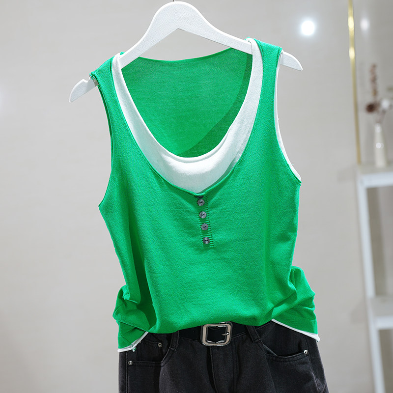 夏季新款冰丝针织衫美式甜辣吊带背心女韩版宽松大码内搭宽边上衣