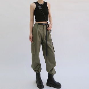 2023新款高腰美式复古裤子日系束脚收口直筒军绿色工装裤女款夏季