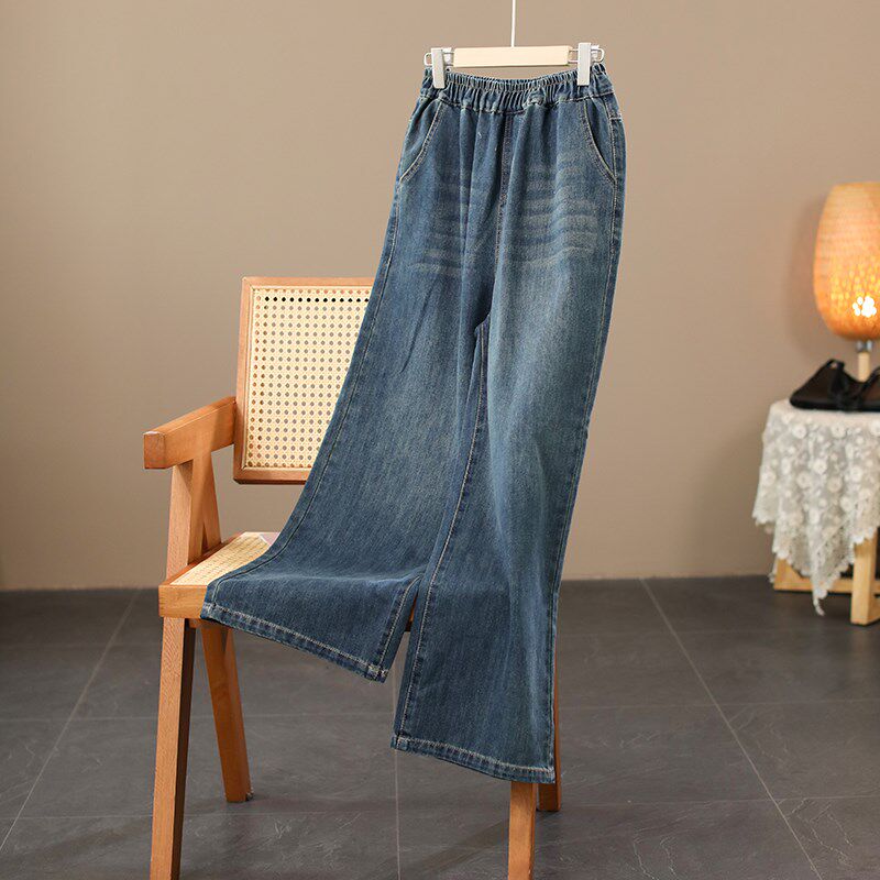 松紧腰牛仔裤女士新款大码直筒阔腿长裤显瘦简约休闲高腰复古百搭