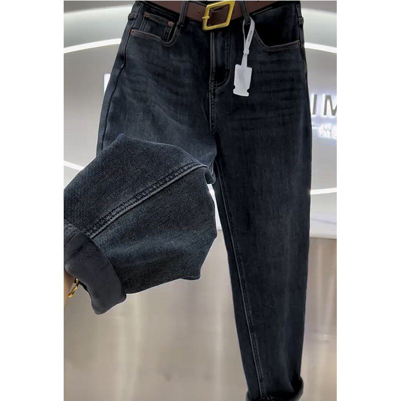 梨型身材裤子大码高腰加绒哈伦牛仔裤女冬胖妹妹mm宽松显瘦萝卜裤