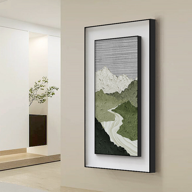 千江向碧 侘寂风玄关q装饰画入户进门墙挂画竖版抽象肌理绿色风景