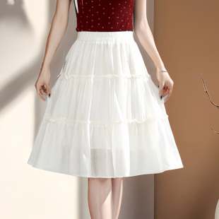 及膝蓬蓬裙女半身裙2025新款夏季裙子小个子遮肚子薄款雪纺a字裙