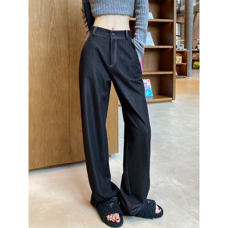 黑色牛仔裤女春秋2025年新款爆款高腰垂感小个子直筒阔腿裤子夏季