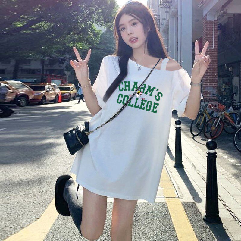 2025新款超火一字领斜肩t恤短袖女夏大版中长款遮臀纯棉减龄上衣
