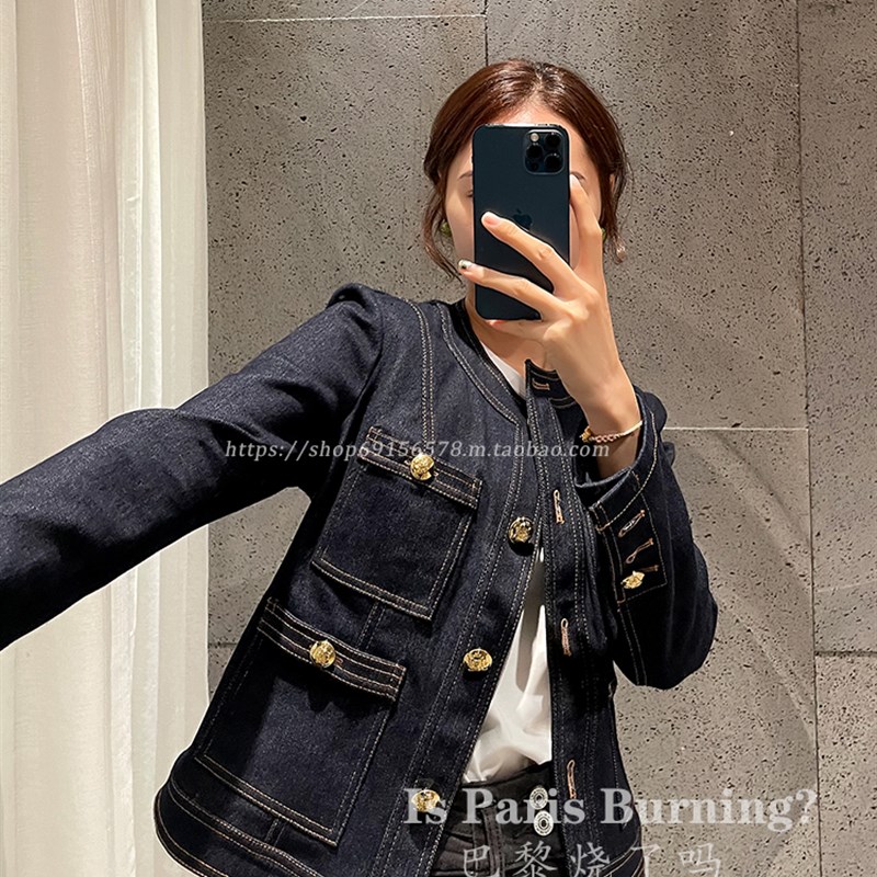新款撞色明线金扣短外套简约百搭圆领长袖气质牛仔外套女