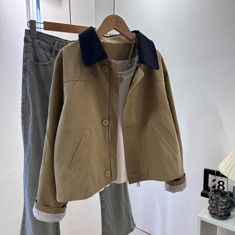 翻领卡其色短款风衣工装外套女春秋新款韩版休闲百搭宽松夹克上衣