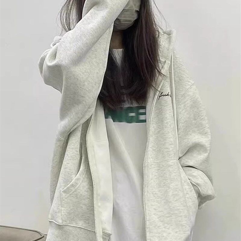 美式复古拉链开衫外套灰色卫衣女2024新款春秋季薄款加绒连帽上衣