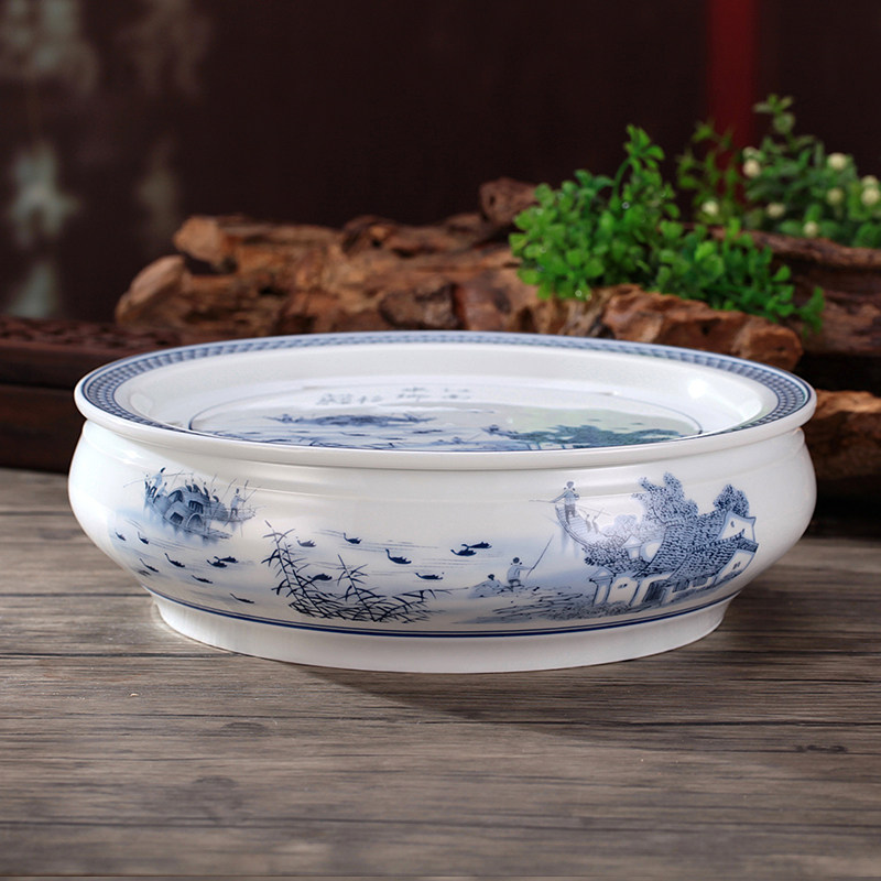 功夫茶具配件10寸茶盘茶船茶海茶池储蓄水式N双层茶台青花陶瓷圆
