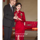 旗袍订婚礼服连衣裙刺绣回门 酒红色新中式 套装 敬酒服新娘2025新款