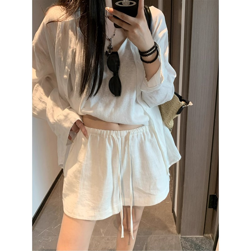 白色亚麻短裤女夏季高腰绑带棉麻阔腿裤松紧腰小个子老钱风松弛感