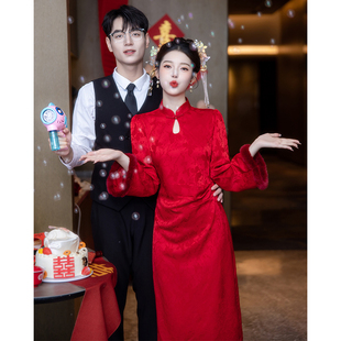冬季敬酒服新娘加绒加厚新中式长袖红色旗袍结婚提花订婚礼服秋冬