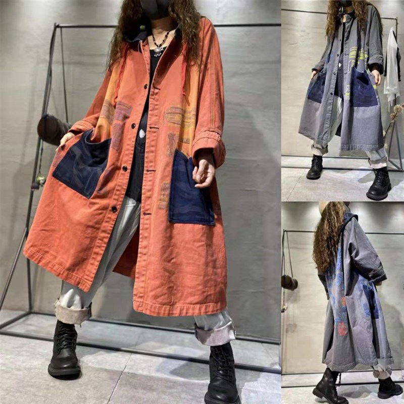 希霖服饰2024秋冬新款个性复古印花宽松开衫单排扣风衣牛仔外套女