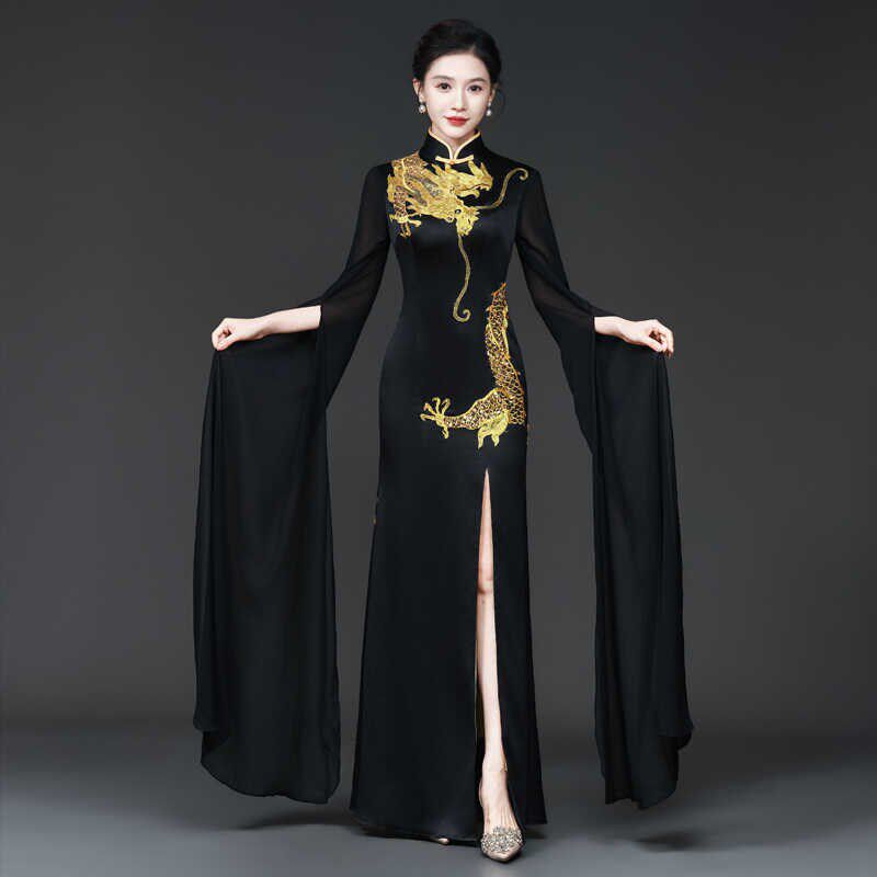 高端走秀旗袍演出服女黑色时尚国风长款舞台装中式礼服龙形刺绣花
