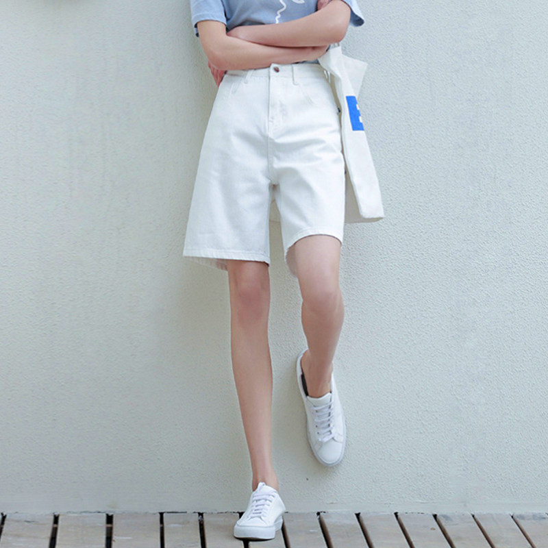 2021夏季a字薄款宽松牛仔短裤女装休闲高腰阔腿白色中裤五分学生