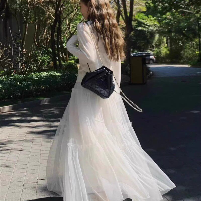白色网纱a字裙半身仙女裙2025新款春秋纱裙高腰中长款垂感大摆裙