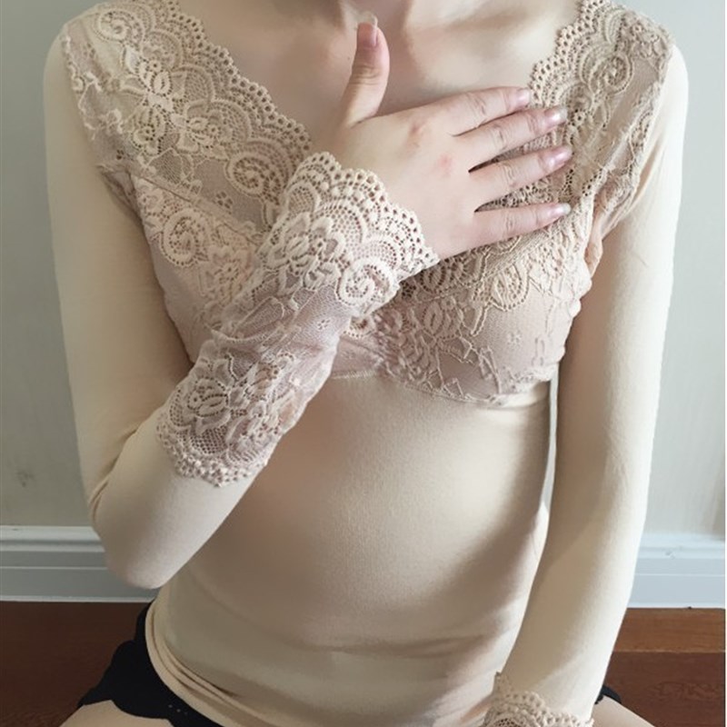 女神衣纯棉保暖内衣女 薄款V领蕾丝塑身美体衣单件秋衣紧身打底衫