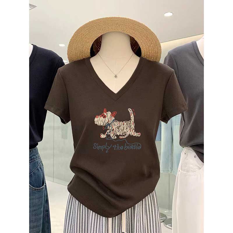 V领收腰纯棉正肩短袖t恤女小众设计感时尚百搭咖啡色高级上衣夏季