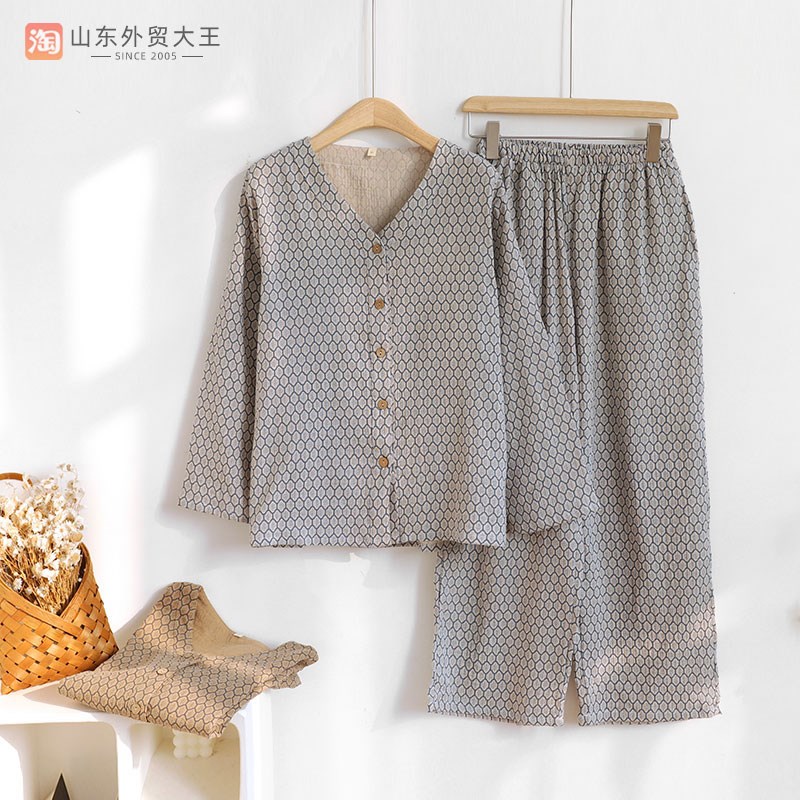中老年睡衣女纯棉双层纱布春秋季长袖薄款全棉家居服套装夏天妈妈