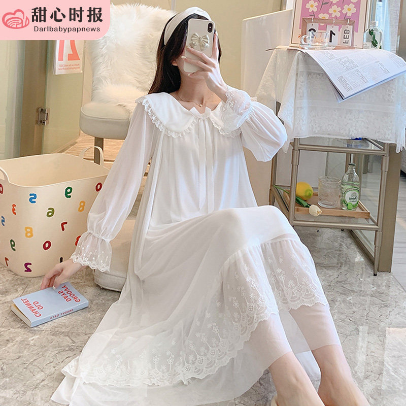 很仙的睡衣女春秋季网纱长袖可爱纯棉夏天家居服睡裙网红爆款白色