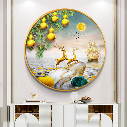五福临门圆形玄关装饰画进u门过道福鹿挂画新中式晶瓷葫芦餐厅壁