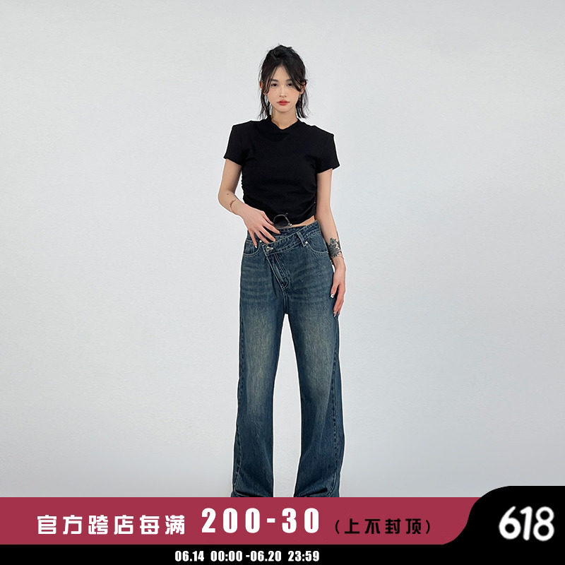 吴童自制 黑色短款修身T恤女韩系辣妹小众修身纯色短袖圆领上衣