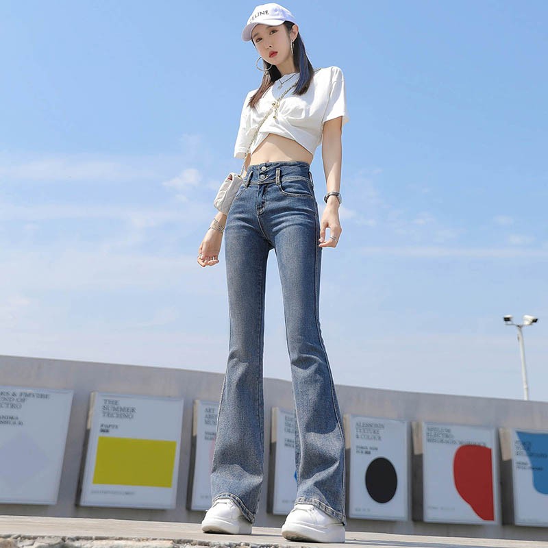 高腰喇叭牛仔裤女加绒2021年秋冬新款港味复古修身弹力显瘦微喇裤