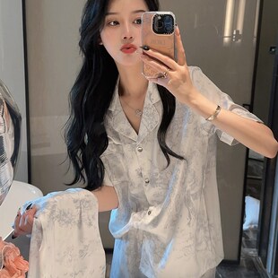 短裤 丝绸简约气质短袖 家居服 三件套高级感薄款 冰丝睡衣女士春夏季