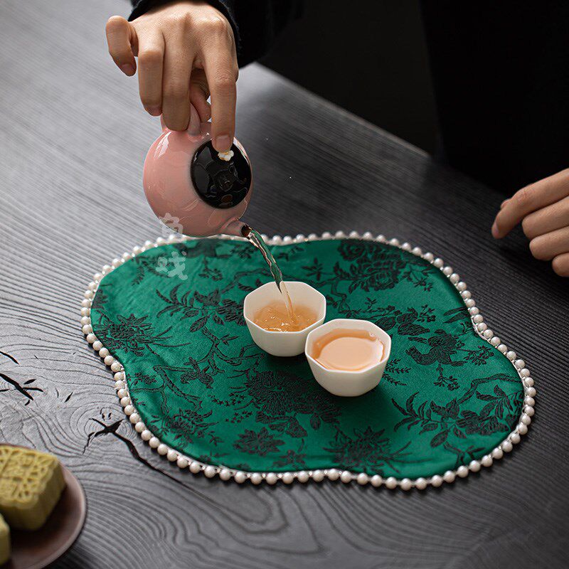 鱼戏手作织锦珍珠刺绣双面茶席z中式国潮风茶桌隔热布垫干泡席桌