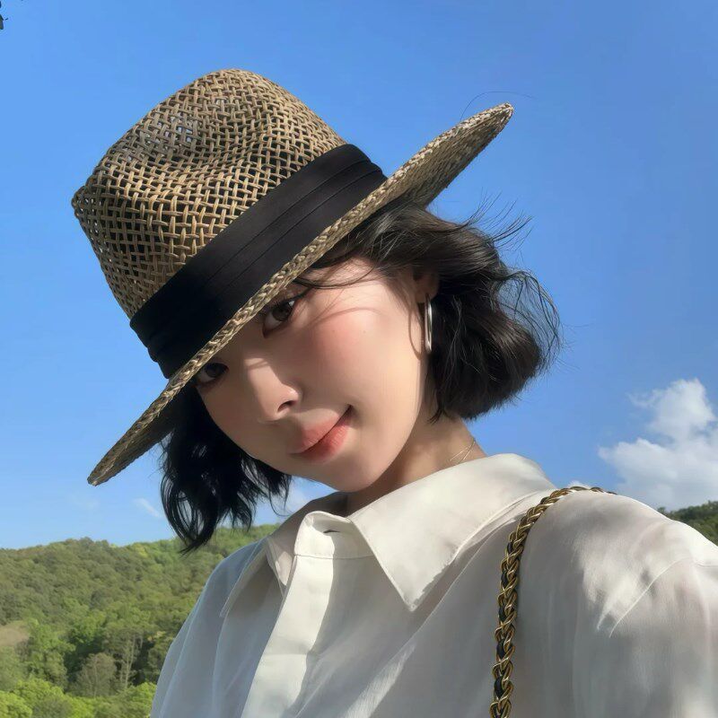 法式天然咸水草镂空编织巴拿马草帽女夏季度假田园防晒遮阳帽礼帽