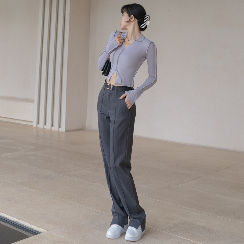 灰色西装裤女春秋2021款TR羊毛高腰直筒显瘦垂坠感修身烟管休闲裤