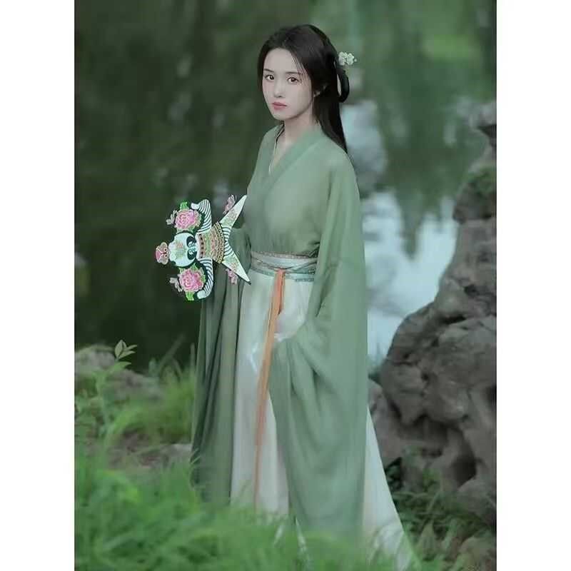 绿色汉服女款魏晋风古装广袖流仙裙小个子超仙气改良襦裙古风女装