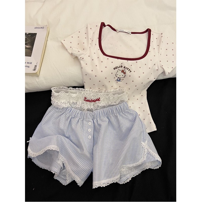 纯欲少女带胸垫短袖睡衣女士夏季新款蕾丝条纹短裤家居服大码套装