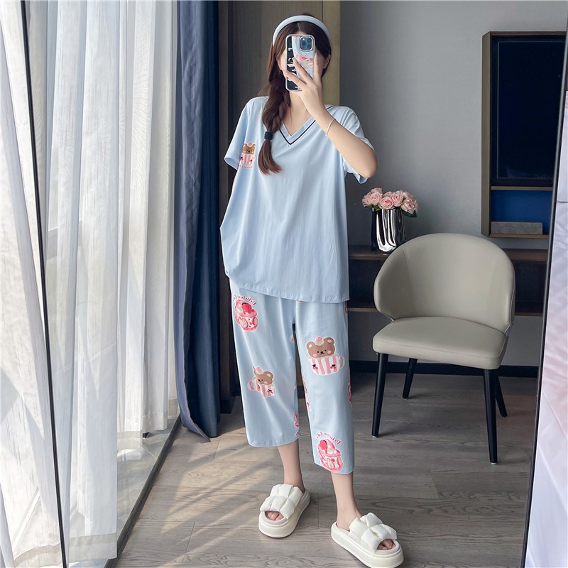 春夏季胖妹妹纯棉加大码睡衣女200斤短袖七分裤V领薄款宽松家居服