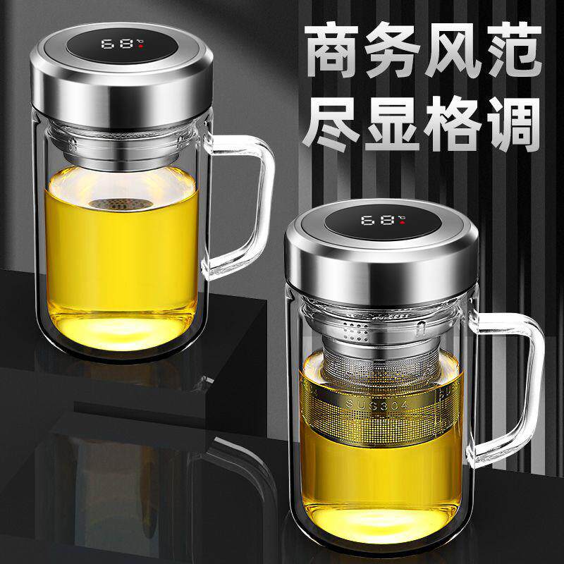 智能显温保温杯男款m玻璃水杯双层隔热防摔带把手便携办公室泡茶