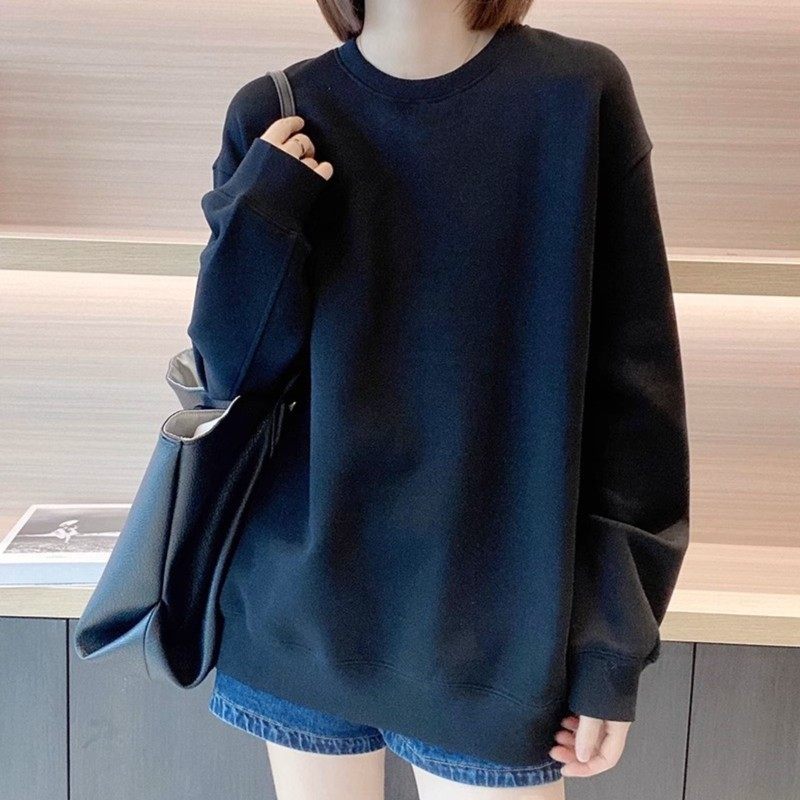 加绒加厚纯棉卫衣女减龄2025新款爆款宽松长袖打底衫休闲黑色上衣
