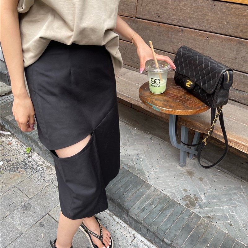 开叉不规则半身裙2021新款韩版夏季显瘦气质百搭黑色包臀女中长裙