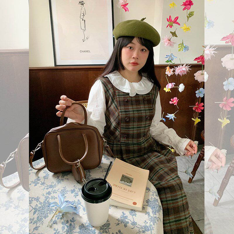 巫婆大码女装【暮色与森】微胖背心连衣裙秋冬复古显瘦格纹毛呢裙