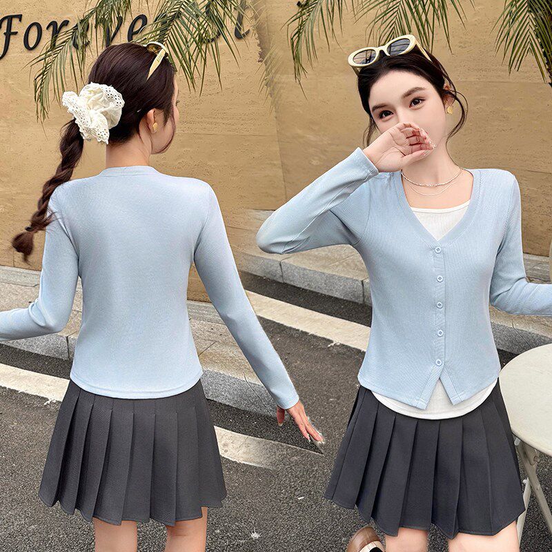 时尚洋派假两件拼接长袖T恤女春季新款小个子修身显瘦T恤衫上衣