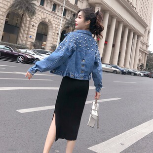 手工钉珠牛仔衣潮2021春秋装短款套装裙女士大码很仙的宽松小外套