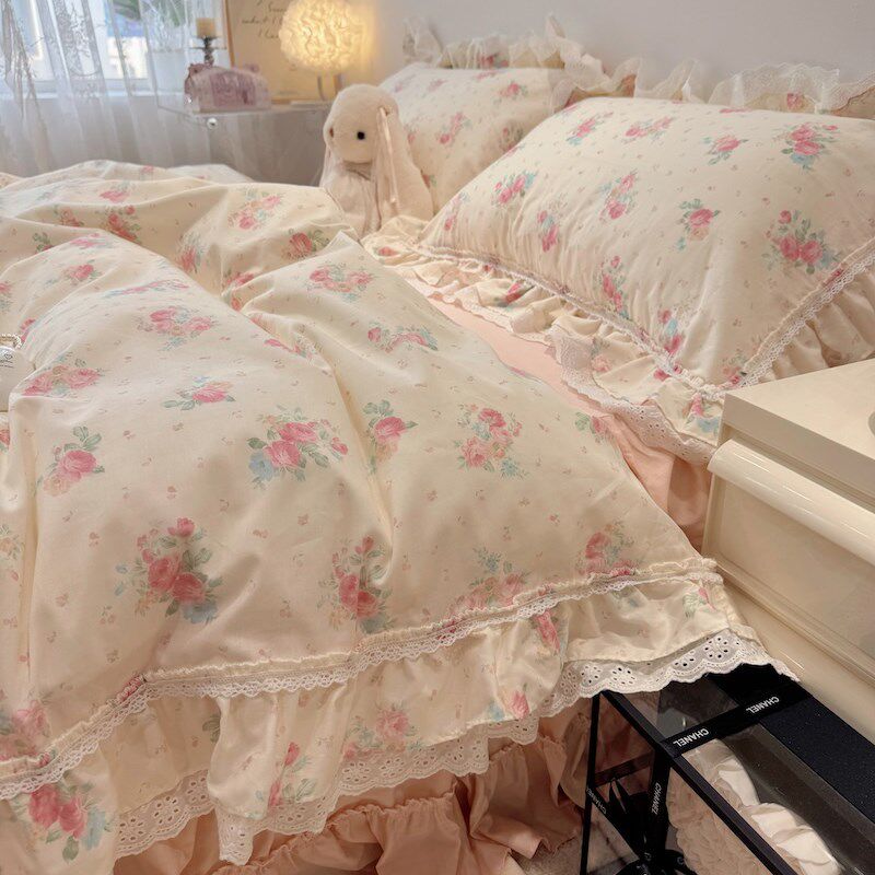 少女心小碎花公主花边全w棉四件套床裙田园被套床上用品